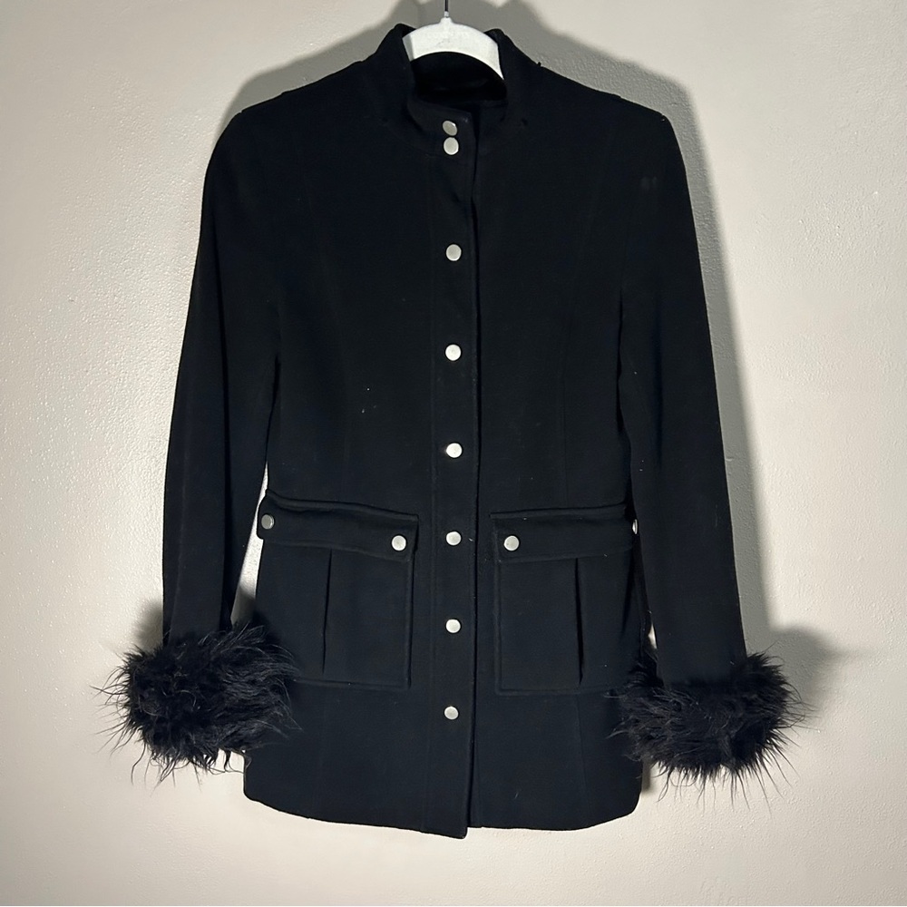 Express Black Wool Pea Coat With Faux Fur Cuffs